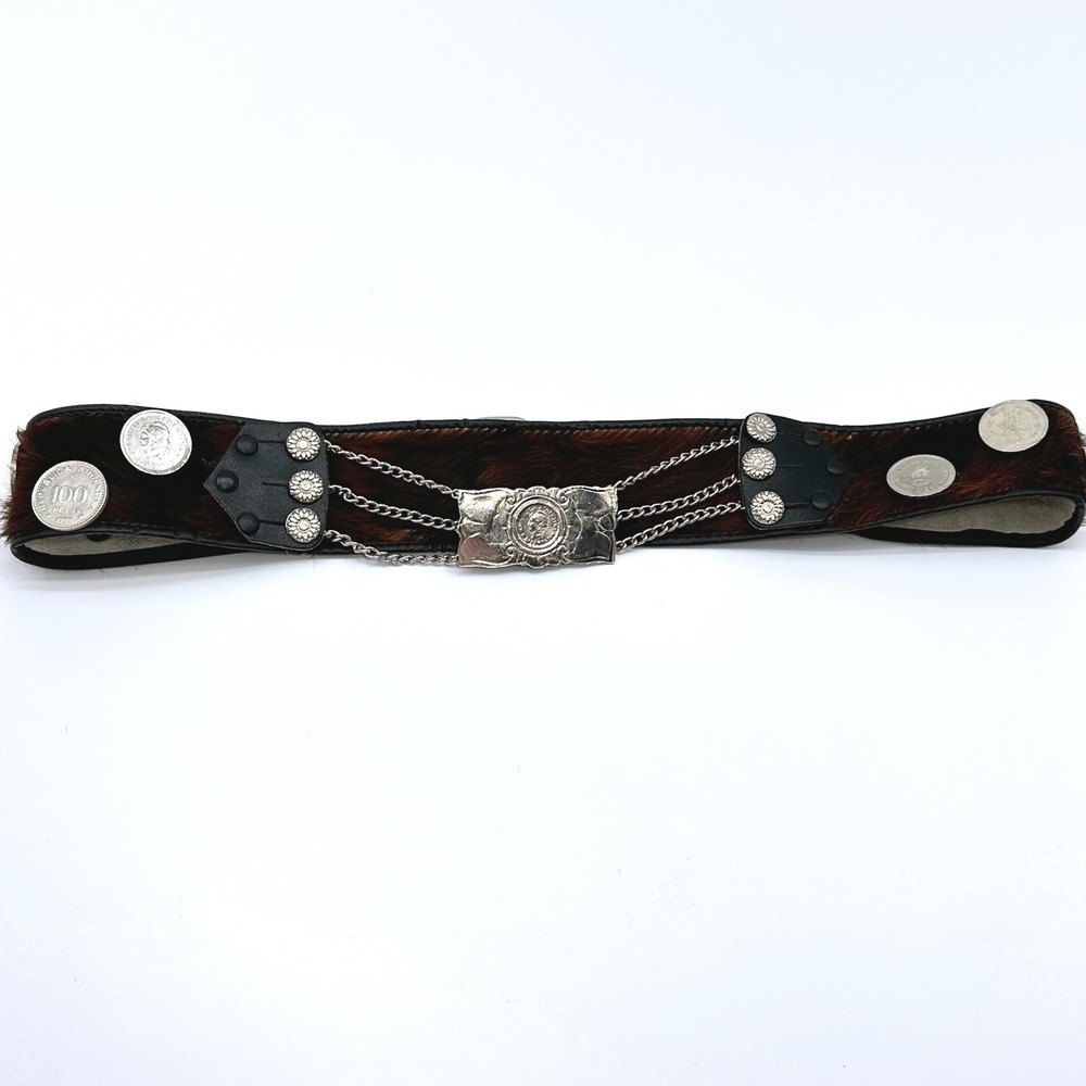 Vintage Gaucho Pony Hair Leather Coin Belt Argentina 100 Pesos Silver Chain